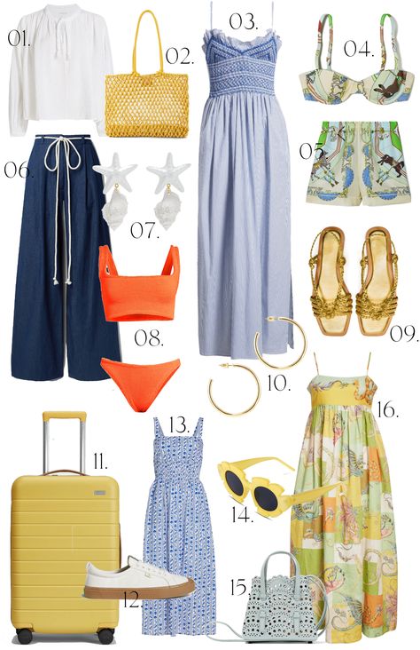 Summer Travel Wardrobe: Mediterranean. Mediterrean Summer Outfits, Italian Coastal Outfit, Mediterranean Style Clothes, Mediterranean Clothing Style, Mediterranean Cruise Outfits Summer, Mediterranean Outfits Summer, Summer In Greece Outfit, Mediterranean Style Outfit, Mediterranean Clothes