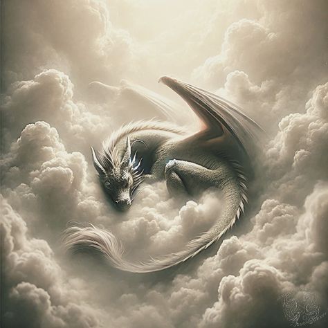 Sleeping Dragon Omega 　 　 　 　 #Organiccommunity #CelestialSanctuary #AboveTheClouds #SkywardJourney #dreamlikevisions #skyphotography #sleepingdragon #sleepingbeauty #GhibliAesthetic #CloudKingdom #SkySanctuary #surrealphoto #surrealismart #AirElemental #SkyKingdom #dailyartwork #dragonlover #artoftheday #dragonlove #AirElement #aiartlover #Miyazaki #sleeping #08october2024 #20241008 #DailyArt #aiarts #ais #ai #i # ↓ 🌫️What mysteries lie within the clouds?🏰 Captured Dragon, Dragon Sleeping, Sleep Curls, Sleeping Dragon, Photo To Art, Surreal Photos, Dragon Illustration, Dragon Lover, Dragon Wings