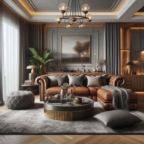 Grey and Brown Living Room Luxurious Leather Sofa Brown Leather Sofa Formal Living Room, Grey And Brown Interior, Leather Couch Grey Walls, Light Gray And Brown Living Room, Gold Brown Living Room, Dark Brown Living Room Walls, Gray Brown Living Room, Dark Brown And Grey Living Room, Living Room Brown Sofa