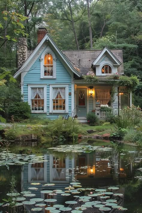 Cute Small Houses, Cute Cottages, Whimsical Cottage, Fairytale House, Blue Cottage, Charming House, Dream Cottage, Cute House, A Pond