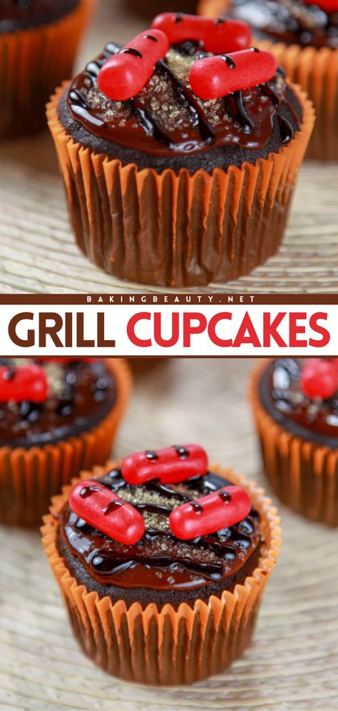 A Father's Day dessert recipe featuring moist chocolate cupcakes! Anyone can handle this Father's Day cupcake idea. Topped with chocolate frosting and decorated to look like a grill, this is such a fun cupcake design! Surprise Dad with these BBQ grill cupcakes! Father’s Day Cupcakes Simple, Father Day Desserts, Summer Cupcakes Ideas For Kids, Desserts For Father’s Day, Father's Day Cupcakes Ideas, Decorated Cupcakes Ideas, Fathers Day Dessert, Fathers Day Recipes, Bbq Cupcakes