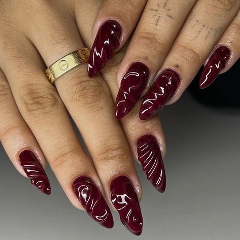 Coffin Nail Designs Winter, Fall Fancy Nails, Alt Fall Nails, Dark Maroon Nails Design, Long Burgundy Nails, Red Grunge Nails, Red Gel X Nails, Wine Red Nails Designs, Red Burgundy Nails