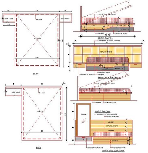 Bed detail drawing for 5'5 Bed Working Drawing, Bed Design Drawing, Bed Elevation Drawing, Bed Section Detail Drawing, Bed Detail Drawing, Modern Bed Design Master Bedrooms, Interior Details Drawing, Bed Elevation, Architecture Dimensions