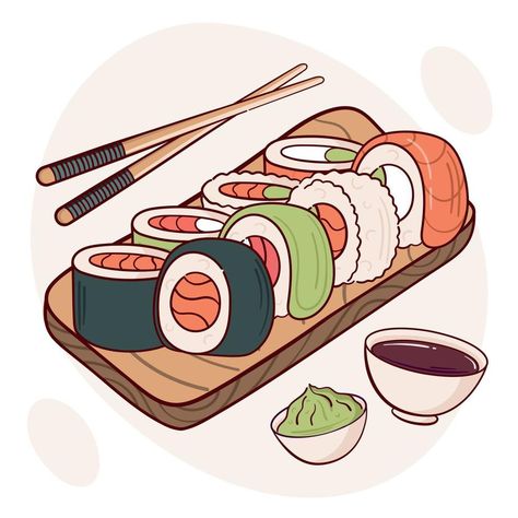 Mºchi_edits:v Sushi Roll Illustration, How To Draw Sushi, Food Items Drawing, Asian Food Drawing, Korean Food Drawing, Sushi Graphic Design, Meals Drawing, Sushi Drawings, Sushi Sketch