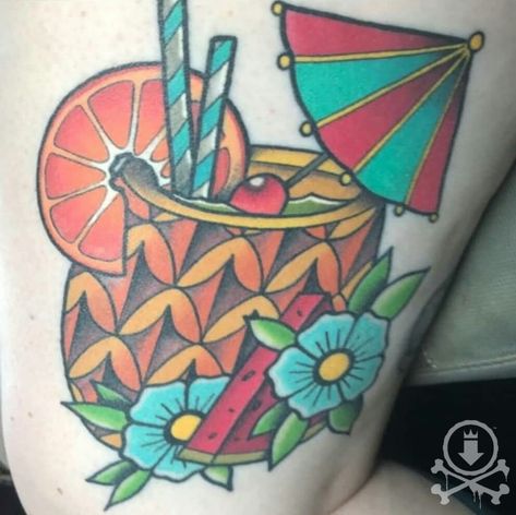 Tiki Drink Tattoo, Cocktail Tattoo, Meaningful Word Tattoos, Sick Tattoos, Spooky Summer, Margarita Drink, Food Tattoos, Sick Tattoo, Tiki Drinks