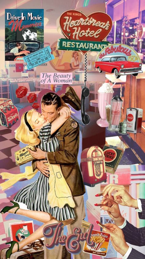 #art #wallpaper #vibes #50s #1950 #collage #collages #retro 50s Aesthetic Wallpaper, 1950s Collage, 50s Vintage Aesthetic, Vintage 1950s Aesthetic, 50s Wallpaper, 1950s Aesthetic, Poodle Skirts, Diner Aesthetic, 50s Aesthetic