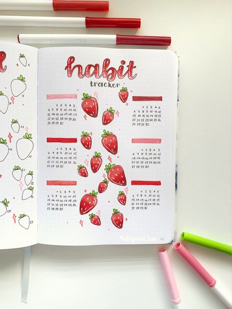 June Bujo Theme Ideas, Strawberry Mood Tracker, Bujo Strawberry Theme, Strawberry Bujo, June Bujo, Bullet Journal Page, Bullet Journal Minimalist, Bullet Journal Mood Tracker Ideas, Bullet Journal Cover Ideas