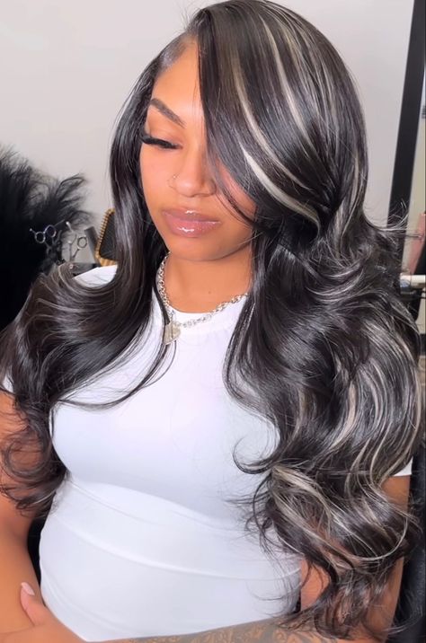 Black N Blonde Highlights, Side Part With Blonde Streaks Weave, Black And White Sew In Weave, Grey Streaks In Dark Hair Black Women, Black And Blonde Quick Weave Side Part, Black Weave With Blonde Highlights, Black Wig With Grey Highlights, Accent Foils Highlights, Black And White Quick Weave