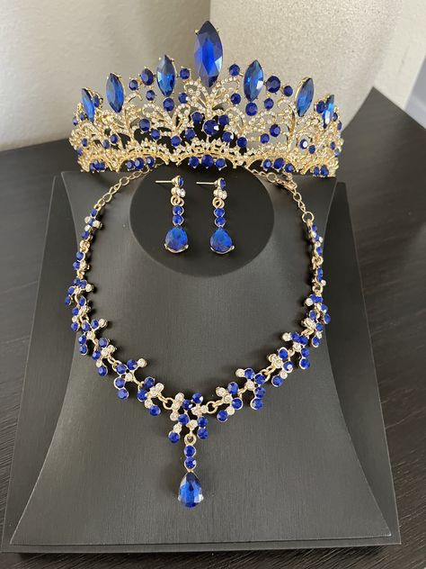 Really Beautiful Royal Blue - Etsy Quinceanera Makeup Royal Blue And Gold, Royal Blue Quinceanera Jewelry, Royal Blue And White Quinceanera Dresses, Royal Blue Quinceanera Decorations Ideas, Quinceanera Decorations Royal Blue, Royal Blue Crown Quinceanera, Royal Blue Quince Decorations, Royal Blue Quince Dresses With Gold, Sweet 16 Royal Blue Theme