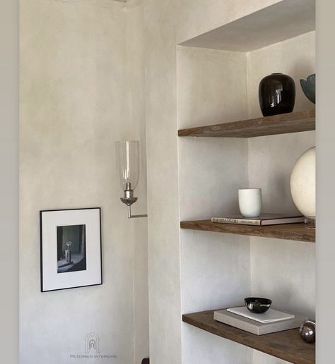 Floating Shelves Dark Wood, Floating Shelves In Niche, Dark Wood Floating Shelves, Plaster Shelves, Railway Cottage, Den Remodel, Microcement Walls, Dark Wood Shelves, Recessed Shelves