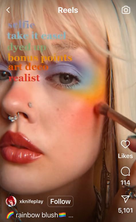 Full Face Rainbow Makeup, Soft Rainbow Makeup, Pink Blue And Yellow Makeup, Noah Kahan Concert Makeup, Eyeshadow Inspiration Colorful, Subtle Rainbow Makeup, Fun Work Makeup, Rainbow Blush Makeup, Chappell Roan Inspired Makeup