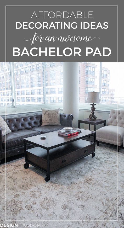 Bachelor Pad Decor | Looking for bachelor pad ideas for decorating a young man’s apartment on a budget? Here are affordable decor ideas with masculine style for the bedroom and living room. -----> #designthusiasm #bachelorpads #bachelorpaddecor #bachelorpadideas #DIYbachelorpad #leathersofas #bachelorpadapartment #bachelorpadonabudget #modernbachelorpad #industrialdecor #mancaveideas #mensapartmentdecor #apartmentdecor #apartmentdecorating #bachelorpadlivingroom #inexpensivebachlorpadideas Masculine Decor Apartment, Bachelor Bedroom Ideas, Masculine Apartment, Bachelor Pad Living Room, Mens Apartment Decor, Affordable Decorating Ideas, Bachelor Bedroom, Bachelor Pad Decor, Modern Industrial Interior