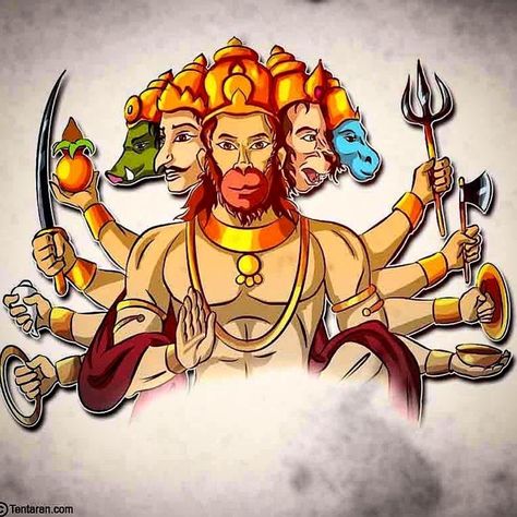 Shri Panchmukhi Hanuman is said to be originated at the time of war between Ravana and Lord Rama. During the war, Ravana took help of Ahiravana, the King of Pataala Lok (nether world). Ahiravana appeared in the form of Vibhishana. Then, he took Shri Rama and Lakshmana to Pataala Lok. Hanuman Ji, in order to protect them, formed a fortress with his tail and entered Pataala Lok. There he found that he had to extinguish five lamps burning in five different directions at the same time to k.. Hanuman Ji Illustration, Hanuman Line Art, Illustration Art Hd, Lord Hanuman Sketch, Hanuman Ji Good Morning Images, Hanuman Ji Sketch, Mangalwar Good Morning, Hanuman Sketch, Wallpaper Hanuman