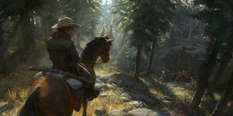 by unknown artist. Great color scheme in this concept/visual art. If you are a new concept artist, check out what we have to offer on our site. You can learn fine art skills and the basics of color values and principles that directly apply to concept art! Western Concept Art, Cowboy Concept Art, Western Gunslinger Art, The Magnificent Seven, Western Artwork, Into The West, Concept Art World, Artwork Images, Traditional Paintings