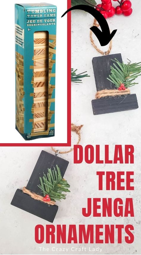 Popsicle Stick Ornaments Diy, Crafts Using Christmas Cards, Mini Jenga Block Crafts Diy Dollar Tree, Advent Crafts For Adults, Wood Block Crafts Christmas, Dollar Tree Ornaments Diy, Jenga Block Ornaments, Jenga Block Crafts Diy Dollar Tree, Dollar Tree Jenga Block Crafts