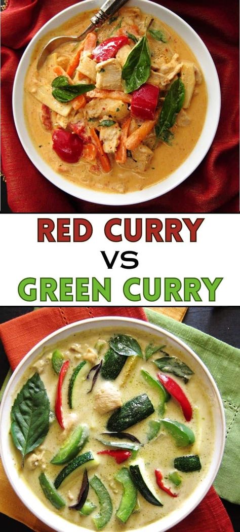 Red curry and green curry are two of the most popular curries in Thai cuisine. Find out the difference between red curry vs green curry and which you should try next. Chicken And Potato Curry, Thai Green Chicken Curry, Thai Curry Recipes, Green Curry Recipes, Green Curry Chicken, Thai Green Curry Paste, Red Curry Chicken, Curry Ingredients, Ground Chicken Recipes