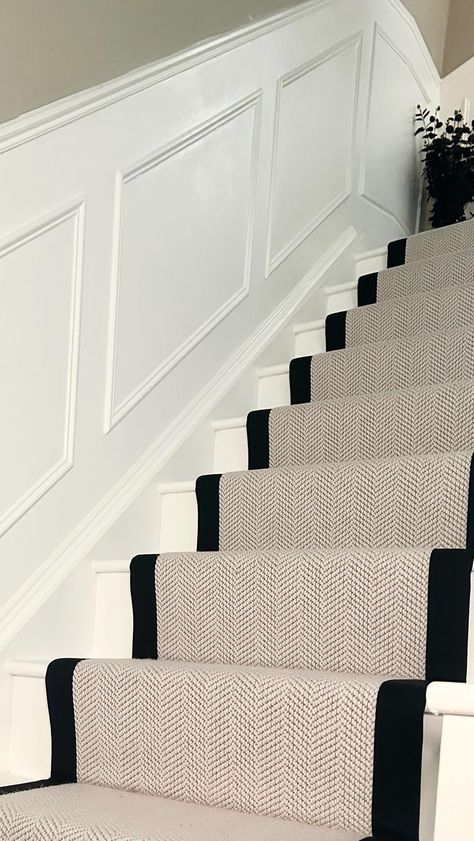 Lucy @homepoppylane | Stair Runner Prep 💫 From cracked and ugly to this beauty- just shows what a bit of patience, panelling, paint and a stair runner can do. … | Instagram Blue Painted Stairs With Runner, Runner Stairs And Landing, Stair Runner Edging, Stair Runner On White Stairs, Stairs With Runners And Landing, Stair Runner Into Landing Carpet, Stairway With Runner, White Stairs With Carpet Runner, Traditional Stair Runner