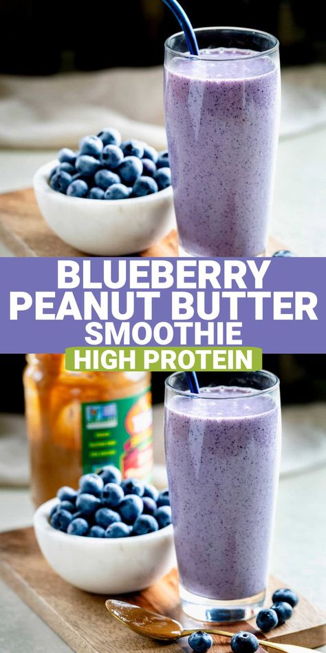 This 5-Minute recipe for Blueberry Peanut Butter Smoothie is going to slide right into your breakfast routine! It has 30 grams of protein, two servings of produce and will keep satiated until lunchtime. The nutty and fruity combination of blueberry and PB tastes like a peanut butter and jelly sandwich in smoothie form! Peanut Butter Protein Smoothie Recipes, Blueberry Smoothie Without Banana, Peanut Butter Yogurt Smoothie, Blueberry Breakfast Smoothie, Filling Lunch Smoothie Recipes, Smoothie Recipes Peanut Butter, Smoothie With Peanut Butter, Best Blueberry Smoothie Recipes, Peanutbutter Smoothie