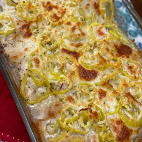 Ranch Pepperoncini Chicken - Diaries of a Domestic Goddess Chicken Ranch Pepperocini Bake, Chicken And Pepperoncini Recipes, Chicken And Peperoncini, Recipe With Pepperoncini, Pork Chops With Pepperoncini, Chicken With Pepperoncini, Pepercinni Recipes, Recipes With Peppercinis, Chicken And Banana Pepper Recipes