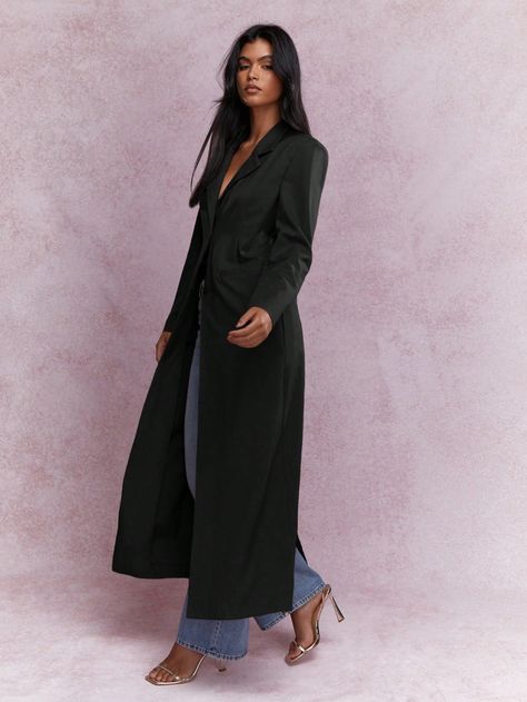 Notched Lapel Shoulder Pad Long Sleeve Longline Blazer Coat Black Elegant  Long Sleeve Woven Fabric Colorblock,Plain Dress Slight Stretch  Women Clothing, size features are:Bust: ,Length: ,Sleeve Length: Manche, Plain Dress, Coat Black, Blazer Coat, Blazers For Women, Black Coat, Long A Line, Shoulder Pads, Suits For Women