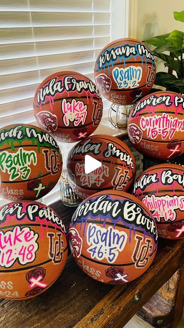 Whitney Belaire on Instagram: "Tag a ball player parent or coach! #handpaintedbasketball #privateschool #basketballgift #teamgift #coachgift #christianschool #christianart" How To Paint A Basketball, Painted Basketball Senior Night, Custom Soccer Ball, Painted Basketball Ideas, Diy Coach Gifts, Decorated Volleyball, Gift Ideas For Football Players, Volleyball Gifts For Players Diy, Painted Volleyball