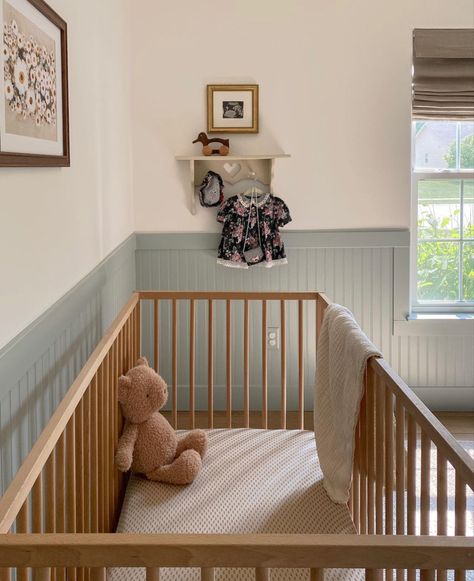 country cottage nursery, crib, bedroom Bead Board Wall Nursery, Bead Board In Nursery, Half Shiplap Wall Nursery, Nursery With Beadboard, Vintage Country Nursery, Bead Board Nursery Boy, Wanescotting Half Bedroom Wall, Bead And Batten Wall, Beadboard Accent Wall Bedroom