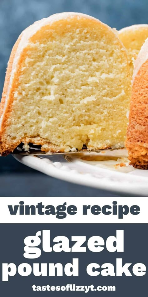 7 simple ingredients make up this classic, old fashioned pound cake. It's thick and rich with a golden interior. Top with a sweet vanilla glaze for a simple dessert. Pound Cake Glaze Recipe, Glazed Pound Cake, Bundt Cake Glaze, Cake Glaze, Pound Cake Glaze, Old Fashioned Pound Cake, Golden Interior, Pound Cake Recipes Easy, Classic Old Fashioned