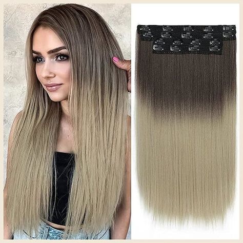 Straight Hair Extensions Clip in Long Synthetic Ombre Ash Brown Ombre Ash Brown, Brown To Platinum Blonde, Ash Brown Color, Hair Extensions Clip, Extensions Clip In, Straight Hair Extensions, Hairpieces For Women, Synthetic Hair Extensions, Ash Brown