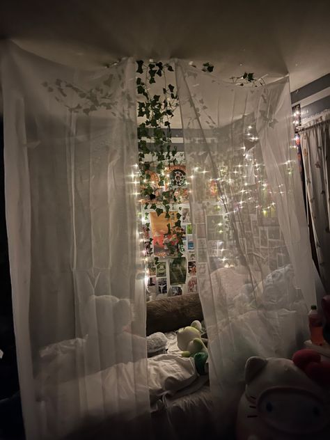 Beds With Canopy And Lights, Indie Canopy Bed, Room Inspo With Canopy, Cool Canopy Bed Ideas, Canopy Around Bed, Bedroom Ideas For Canopy Beds, Canopy Beds Aesthetic, Fairy Bed Canopy, Aesthetic Room Ideas With Plants