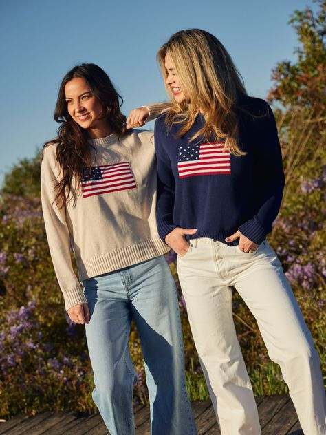 American Flag Sweater in Ivory All American Fashion, Nantucket Vibes, American Flag Outfit, Flag Sweater, School Prep, America Outfit, Date Night Outfit Summer, Beach Sweater, American Flag Sweater