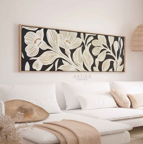 Panoramic Floral Framed Canvas Wall Art Print, Long Horizontal Botanical Canvas Print, Panoramic Colorful Leaves, Above Bed Decor If your home's atmosphere seems to be missing something, you just might need our stunning floating framed canvas! Immerse yourself in tranquility with our Vintage Style Canvas Wall Art, a collection that infuses peace and serenity into every space. Each canvas is a masterpiece of calm, meticulously designed to create an oasis of quiet elegance in your home.  Whether y Framed Rugs As Wall Art, Couch Art Above, Large Wall Behind Couch Decor Artwork, Large Print Above Bed, Two Pictures Above Bed, Above Bed Inspiration, Above Bed Photo Display, Bedroom Art Ideas Above Bed, Art Size Above King Bed