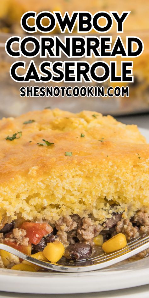 Cowboy cornbread casserole on a white plate with a fork. Cowboy Cornbread Casserole, Cornbread Taco, Cowboy Cornbread, Cowboy Casserole Recipe, Cheesy Cornbread, Cornbread Casserole Recipe, Cowboy Casserole, Jiffy Mix, Cornbread Casserole