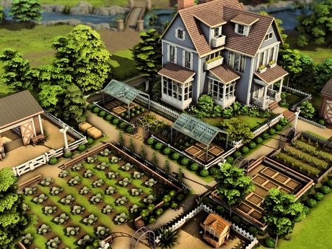 The Sims Resource - Dream Farm (NO CC) Farm Exterior Design, Sims 4 Cottage Blueprints, Sims 4 Big Cottage House, Ix Landgraab Sims 4 Layout, Sims 4 Garden Layout, Sims Farm Layout, Sims 4 Cc Roof Decoration, Country Home Sims 4, Sims 4 Cottage No Cc