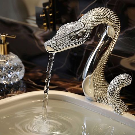 Introducing SerpentFlow: a sleek sink spout inspired by the graceful curves of a snake. With its polished surface and precise water flow, it adds elegance and functionality to any space. Conceptual AI Art Follow @ecosapiens for more! Snake Decor, Clay Snake, Luxury Toilet, Washbasin Design, Dark Home Decor, Room Redesign, Glitter Houses, Bathroom Design Luxury, Glam Decor