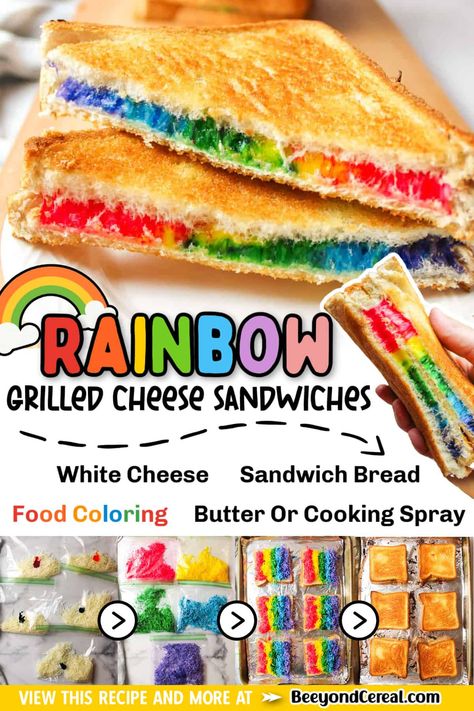 Rainbow Lunch Ideas, Grill Cheese For A Crowd, Rainbow Grilled Cheese Sandwich, Easy Cooking Activities For Kids, Rainbow Snack Ideas, Rainbow Lunch Ideas Kids, Rainbow Snacks Parties, Baking For Kids Easy, Fun Dinners To Make With Kids