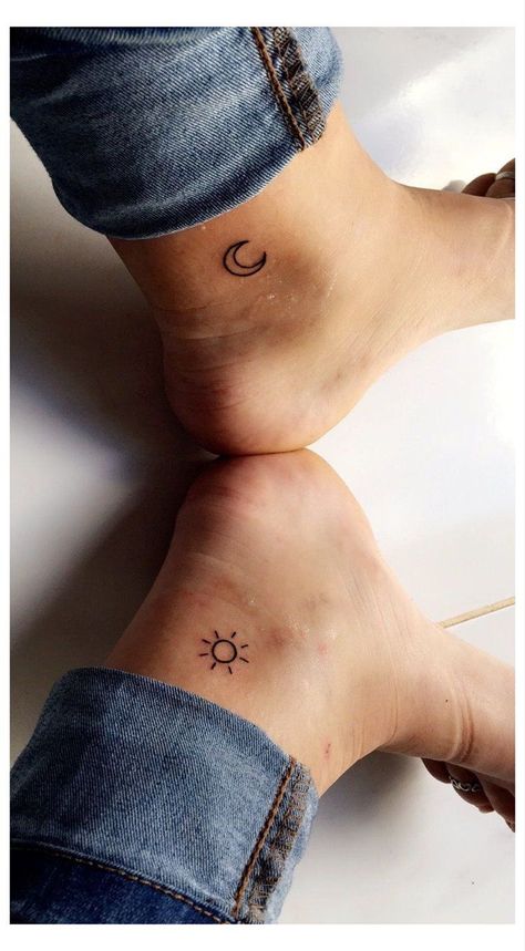 Ankle Moon Tattoos For Women, Sun And Moon Tattoo On Ankle, Sun Moon Tattoo Ankle, Small Tattoo For Ankle, Tattoo Ideas Small Ankle, Ankle Sun And Moon Tattoo, Ankle Tattoo Sun And Moon, Sun And Moon Tiny Tattoo, Sister Ankle Tattoos