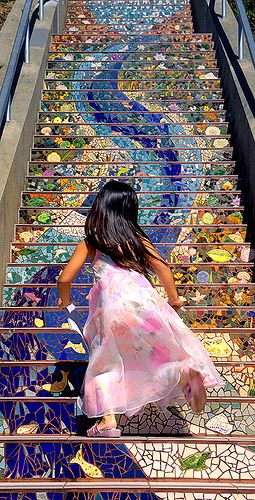 Girl runs up San Francisco's 16th Avenue Tiled Steps by Abe K, via Flickr  Wow! Foto Scale, Tiled Steps, Mosaic Stairs, Tile Steps, Mosaic Stained, Mosaic Ideas, Stairway To Heaven, Girl Running, Stained Glass Mosaic