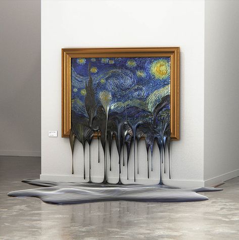 alper dostal has created a series of digital visualizations that see 'the scream' and 'the starry night' disastrously dripping onto the floor. Burned Canvas Art, 3d Art On Canvas, Melting Painting, Melting Art, 3d Abstract Art, معرض فني, Painting 3d, Art Parody, Art Curator