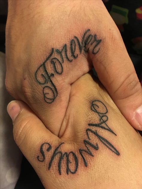 Married Couple Hand Tattoos, Couples Handwriting Tattoos, His And Her Hand Tattoos, Matching Tattoos Couples Names, Couples Horror Tattoos, Forever Always Tattoo Couple, Boyfriend Gets Girlfriend Name Tatted, Truly Madly Deeply Tattoo, Tattoo Ideas For Boyfriend And Girlfriend