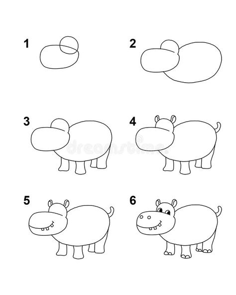 Hippo Drawing, Cool Drawings For Kids, Step By Step Sketches, Cartoon Hippo, Drawing Steps, Doodle Art For Beginners, Easy Animal Drawings, Human Figure Sketches, Easy Drawing Steps