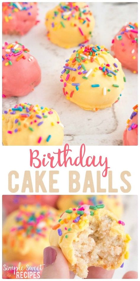 Confetti cake and sprinkles combine for these moist, delicious Sprinkle Birthday Cake Balls. A traditional birthday cake made easier to serve - grab a bite and go! Add candles for a miniature birthday cake! via @simplesweetrecipes Birthday Cake Balls, Traditional Birthday Cake, Cake Pop Receita, Sprinkle Birthday Cake, Sprinkle Birthday, Sprinkles Birthday Cake, Cake Ball Recipes, Cakes To Make, Cake Ball