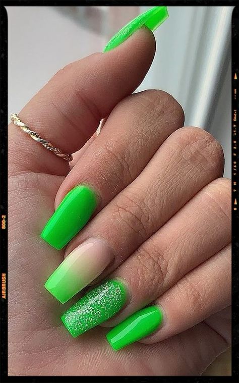 Coffin Nails 💚 Apple Green Nails Acrylic, Like Green And Purple Nails, Neon Green And Silver Nails, Neon Lime Nail Design, Neon Square Acrylic Nails, Green Nail Ideas Coffin, Neon Nail Inspo Acrylic, Neon Green Acrylic Nails Coffin, Bright Green Almond Nails