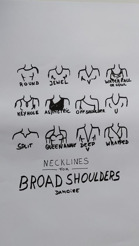 Necklines for broad shoulders Shirts For Large Busts, How To Style A Wide Ribcage, Shirt For Broad Shoulder Women, Best Sleeves For Broad Shoulders, How To Have Broad Shoulders, Broad Shoulder Necklines, Corset For Bigger Bust, What To Wear If You Have Broad Shoulders, Best Necklines For Broad Shoulders