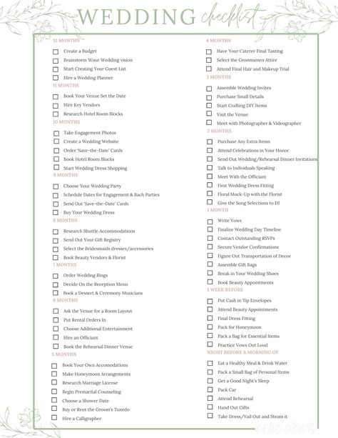 Wedding planning checklist and timeline for a 12-month preparation featuring tasks Wedding To Do Timeline, Day Off Wedding Checklist, Wedding Planning Timeline 12 Months, Wedding To Do List Timeline, Wedding List Checklist Things To Do, Wedding Timeline 12 Month, Wedding Checklist Timeline Printable, Last Minute Wedding Checklist, Basic Wedding Checklist