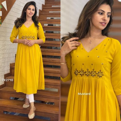 Simple A Line Kurti Designs, A Line Kurti Designs, A Line Kurti, Stylish Kurtis Design, Simple Frocks, Churidar Designs, Frock For Women, Long Frocks, Designer Dresses Casual