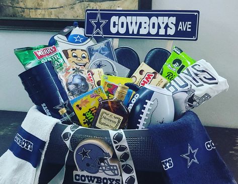 Various nfl dallas cowboy items, like cups, towels, snacks, and other gifts Nfl Gift Basket Ideas, Dallas Cowboys Theme Gift Basket, Dallas Cowboys Gift Basket, Country Boy Gift Basket, Dallas Cowboys Custom Tumblers, Client Gift Baskets, Cowboys Gifts, Dallas Cowboys Gifts, Book Christmas Gift