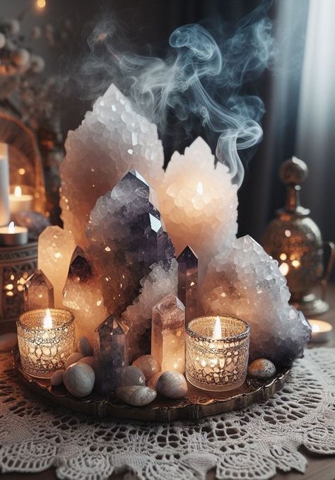 Mineral Stone Decor, Witchy Space Aesthetic, Decor With Crystals And Stones, Witchy Vibe Room, Witchy Candle Aesthetic, Crystal Alter Aesthetic, Witchy Crystals Aesthetic, Altar Aesthetic Witch, Crystal Magic Aesthetic