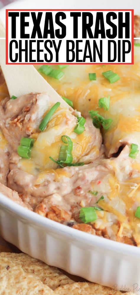 Cheesy Texas Trash Dip - BubbaPie Loaded Bean Dip, Texas Bean Dip, Cheesy Refried Bean Dip, Cheesy Refried Beans, Cream Cheese Refried Bean Dip, Refried Bean Dip With Sour Cream, Homemade Bean Dip Recipes, Refried Beans Cream Cheese Dip, Refried Beans Dip Recipe