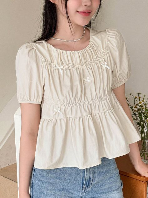 Women's Round Neck Solid Color Pleated Frill Hem Short Sleeve Shirt, Summer Elegant Style White Cute  Short Sleeve Polyester Plain Peplum Non-Stretch  Women Clothing, size features are:Bust: ,Length: ,Sleeve Length: White Shirt Short Sleeve Outfit, Mimi Core, Elegant Style Women, Summer Elegant, Styles P, Cute Blouses, Women Blouses, Cute Shorts, Short Tops