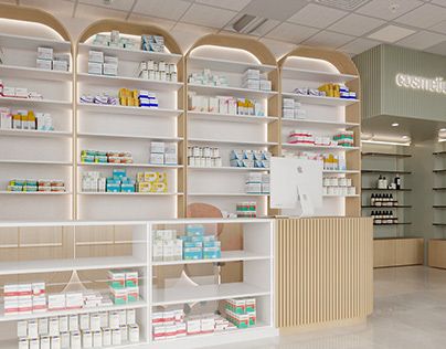 Farmacy Design Interiors, Store Counter Design, Medical Clinic Design, Shop Counter Design, Glass Counter, Pharmacy Decor, Store Shelves Design, Pharmacy Store, Retail Store Interior Design